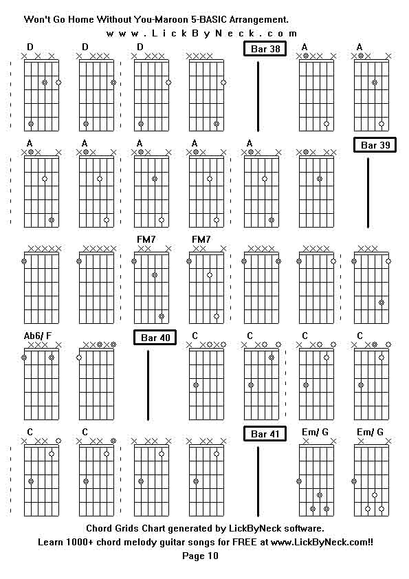 Chord Grids Chart of chord melody fingerstyle guitar song-Won't Go Home Without You-Maroon 5-BASIC Arrangement,generated by LickByNeck software.